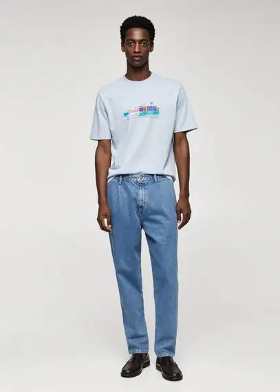 100% cotton printed t-shirt china blue - Man - XS - MANGO MAN