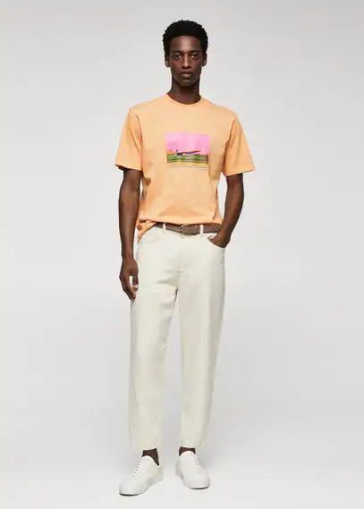 100% cotton printed t-shirt peach - Man - XS - MANGO MAN