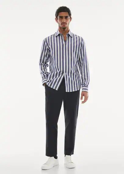 Slim fit striped cotton shirt dark navy - Man - XS - MANGO MAN