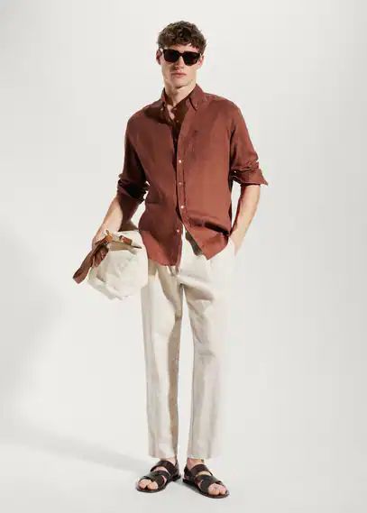 100% linen slim-fit shirt burgundy - Man - M - MANGO MAN