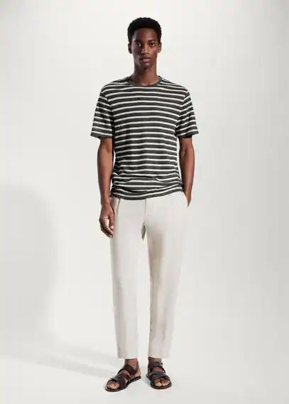 100% linen striped t-shirt khaki - Man - XS - MANGO MAN