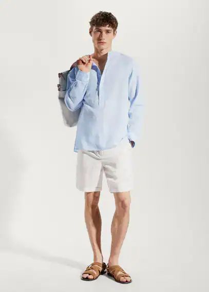 Regular-fit linen shirt with mao collar sky blue - Man - S - MANGO MAN
