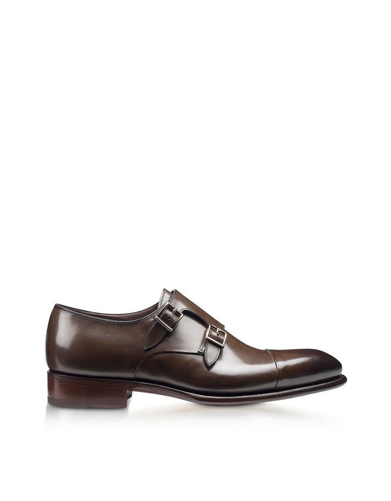 Santoni Designer Shoes, Wilson Dark Brown Leather Monk Strap Shoes
