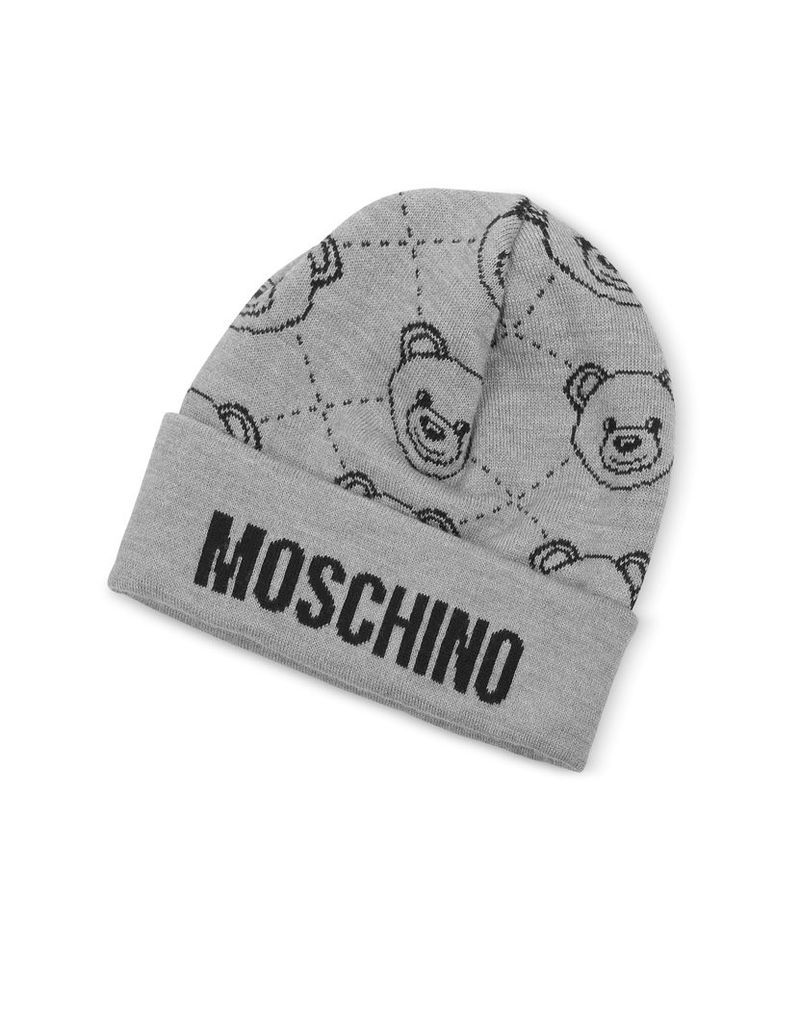 Moschino Designer Men's Hats, Gray Moschino Beanie w/ Teddy Bear Print