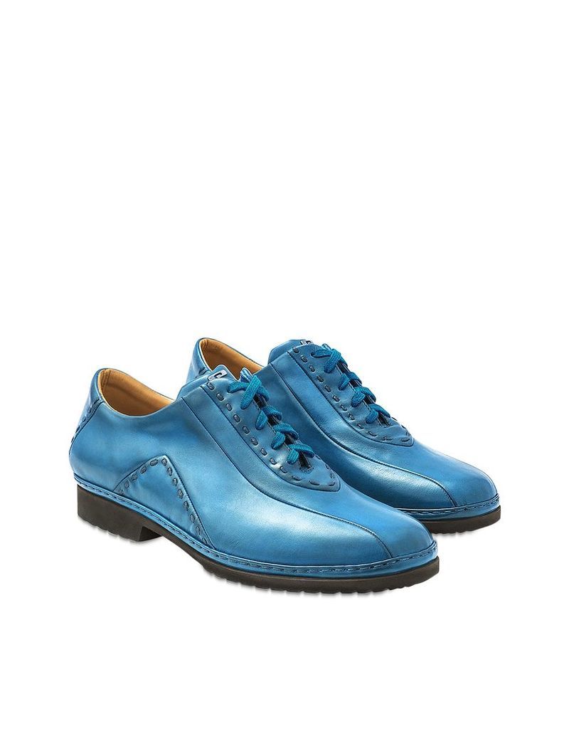 Designer Shoes, Sky Blue Italian Hand Made Calf Leather Lace-up Shoes