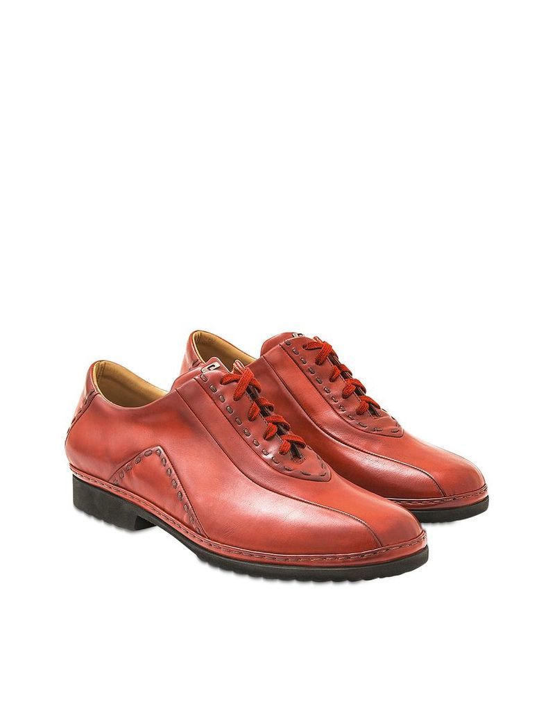 Designer Shoes, Red Italian Hand Made Calf Leather Lace-up Shoes