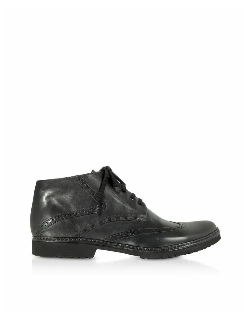 Designer Shoes, Black Handmade Italian Leather Wingtip Ankle Boots