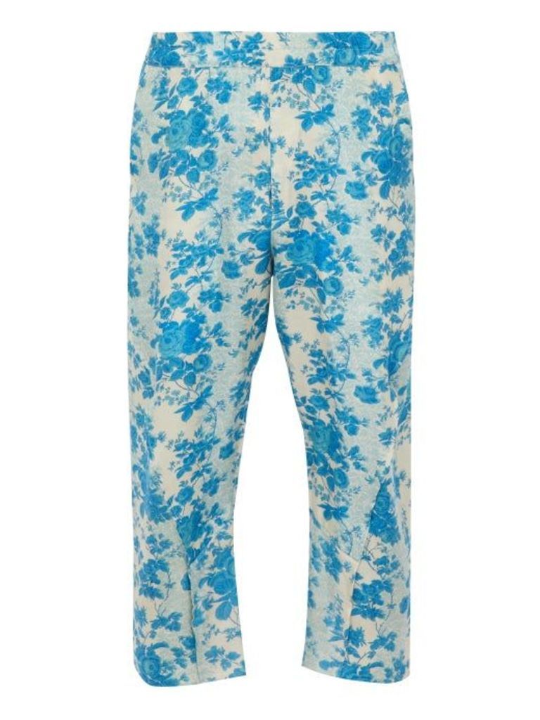 By Walid - Hiro Cropped Floral Print Silk Trousers - Mens - Blue White