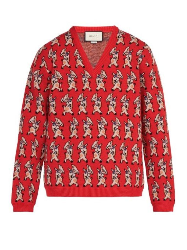 Gucci - Pig Instarsia V Neck Wool Sweater - Mens - Red