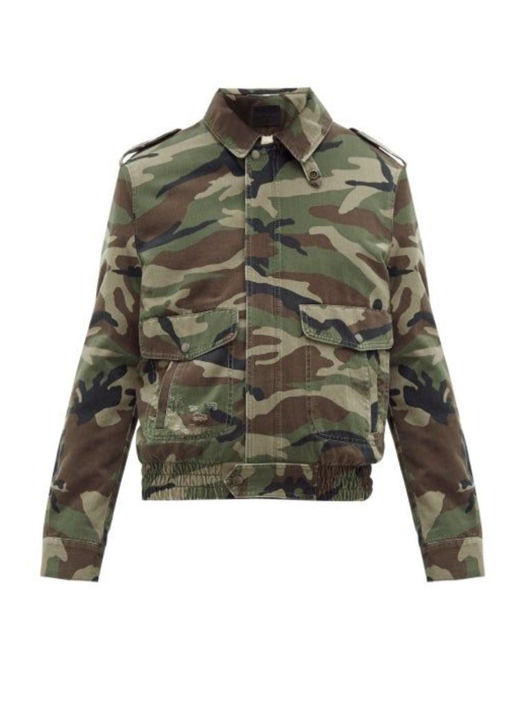 Saint Laurent - Camouflage-print Denim And Shearling Jacket - Mens - Green Multi