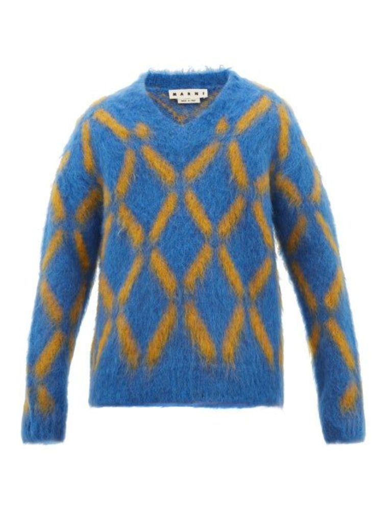 Marni - V-neck Diamond-intarsia Mohair-blend Sweater - Mens - Blue Multi