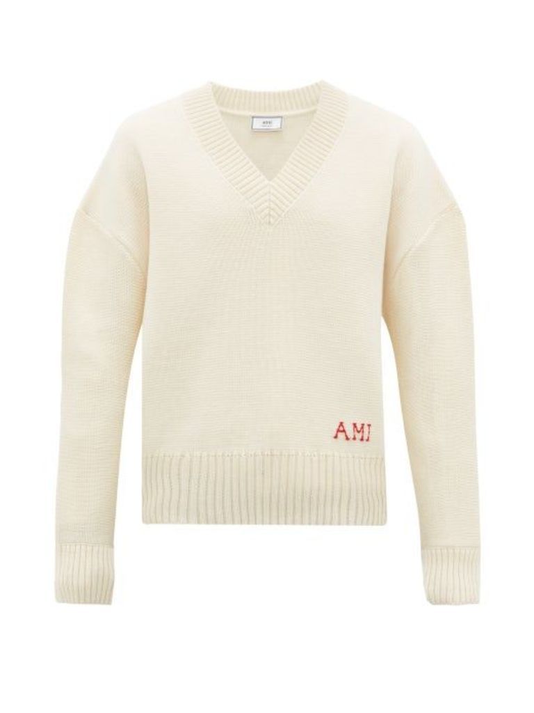 Ami - Oversized Logo Embroidered Wool Sweater - Mens - Cream