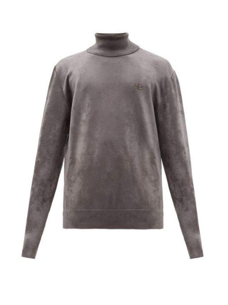 Balenciaga - Logo Embroidered Roll Neck Chenille Sweater - Mens - Grey