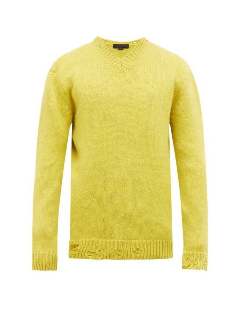 Stella Mccartney - Distressed V-neck Alpaca-wool Sweater - Mens - Yellow