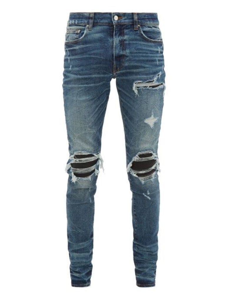 Amiri - Mx1 Leather-panel Distressed Skinny-leg Jeans - Mens - Indigo