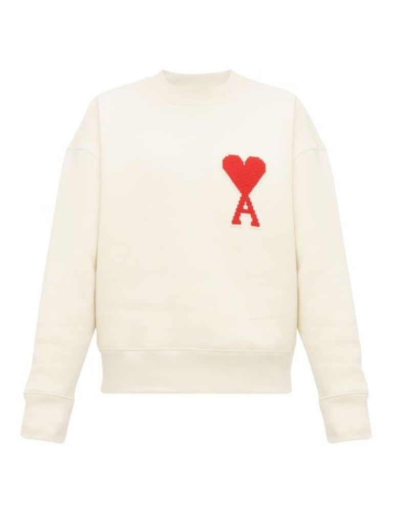 Ami - Logo Embroidered Cotton Blend Sweatshirt - Mens - Cream