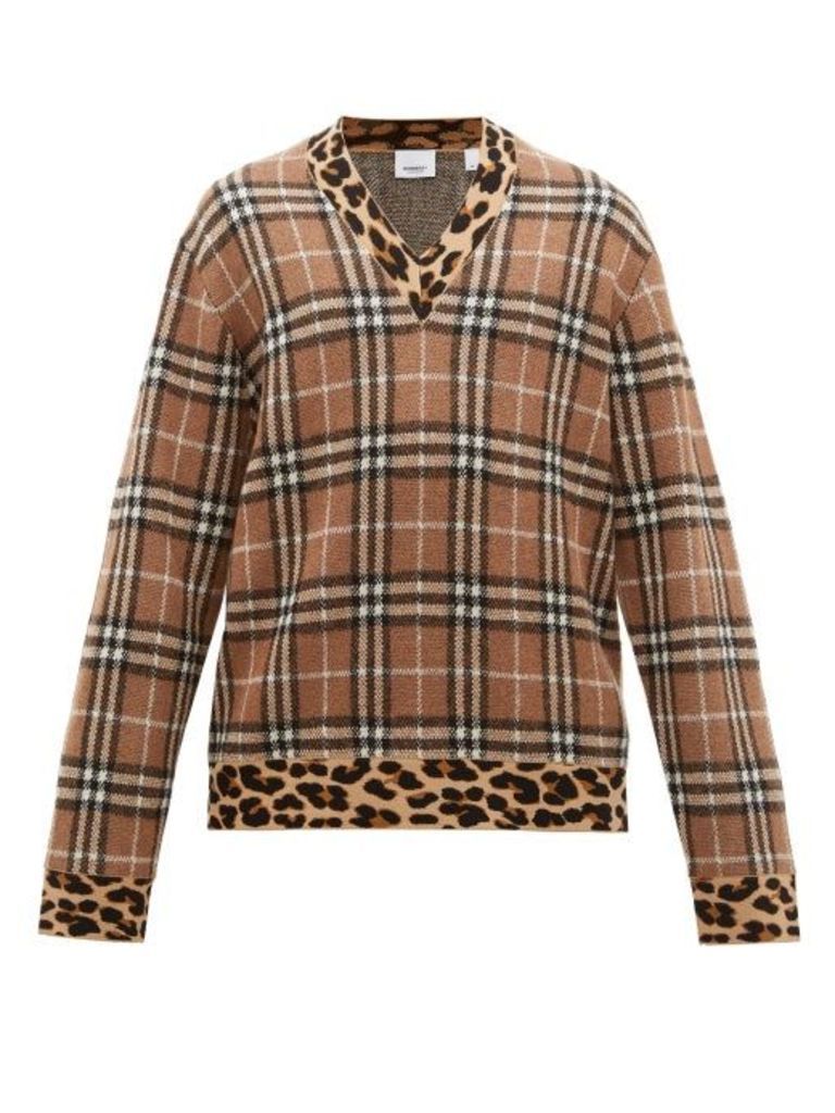 Burberry - George Leopard Print Check Cashmere Blend Sweater - Mens - Beige
