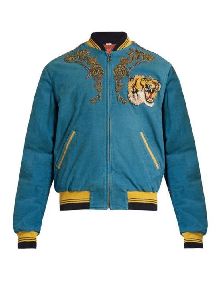 Gucci - Dragon Embroidered Corduroy Bomber Jacket - Mens - Blue
