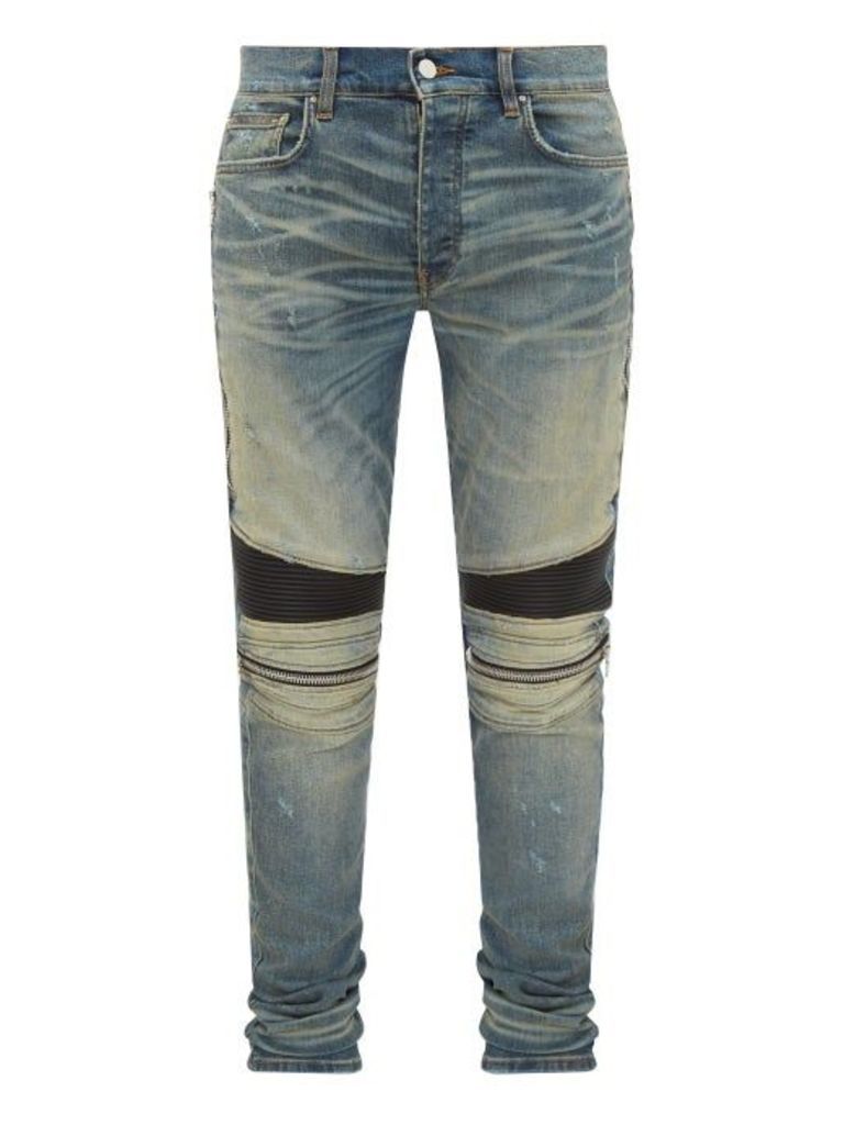 Amiri - Mx2 Leather-panel Distressed Skinny Jeans - Mens - Indigo