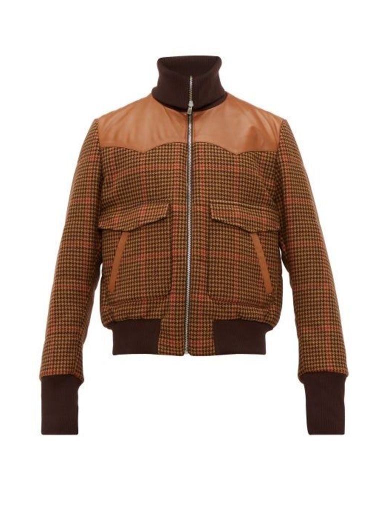 Wales Bonner - Leather-trimmed Houndstooth Wool-blend Jacket - Mens - Brown Multi