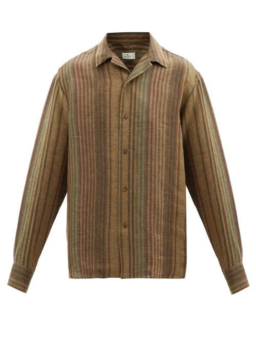 Striped Linen Shirt - Mens - Brown