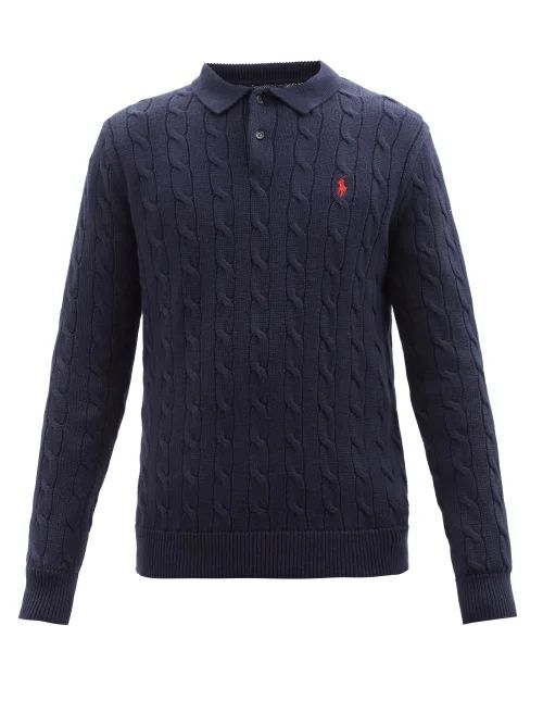 Logo-embroidered Cabled-cotton Polo Sweater - Mens - Navy