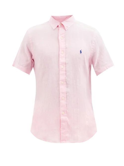 Logo-embroidered Linen Short-sleeved Shirt - Mens - Light Pink