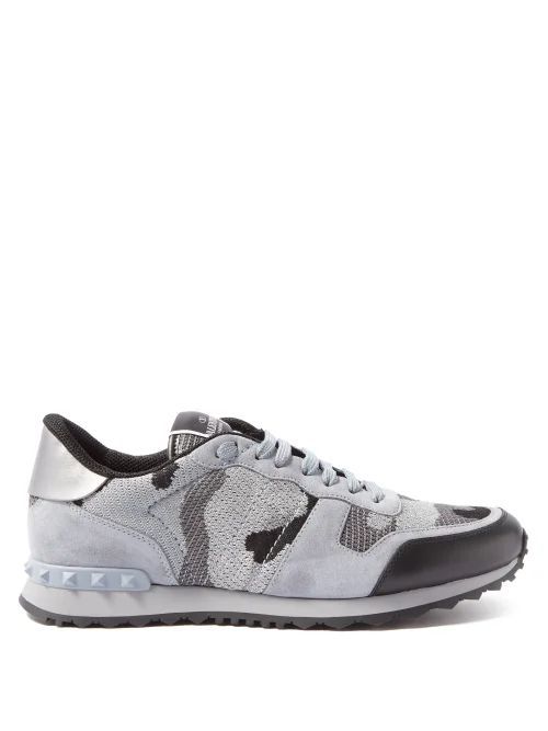 Rockrunner Suede And Camo-print Mesh Trainers - Mens - Grey