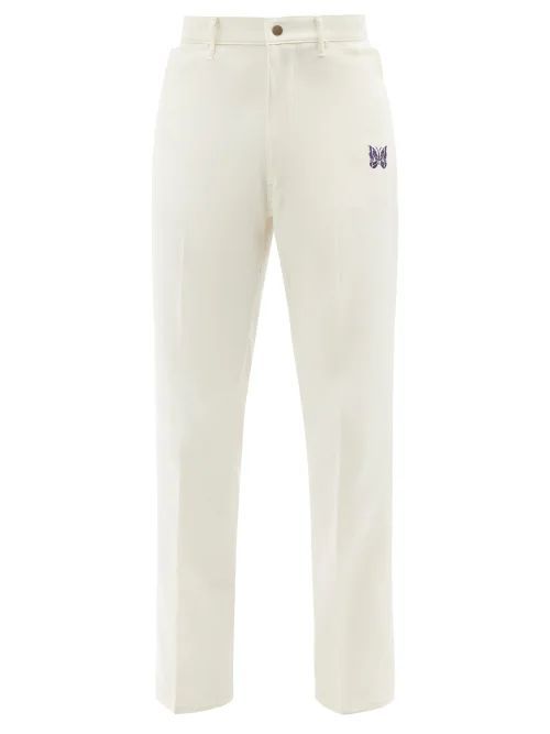 Butterfly-embroidered Twill Trousers - Mens - Cream