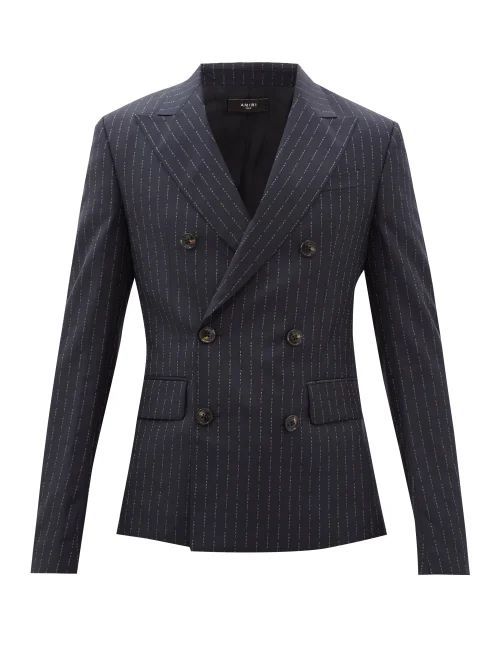 Double-breasted Logo-pinstriped Wool Blazer - Mens - Navy