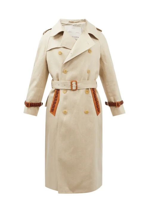 Oscar Leather And Linen-twill Trench Coat - Mens - Beige Multi