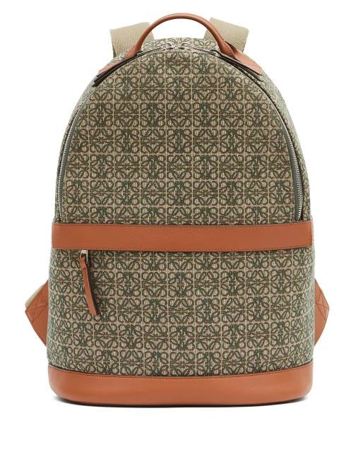 Anagram-jacquard Leather-trim Canvas Backpack - Mens - Khaki