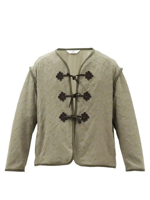 Floral-embroidered Cotton-canvas Jacket - Mens - Khaki Green