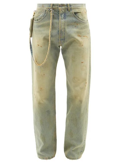 Strap-embellished Distressed Straight-leg Jeans - Mens - Light Blue