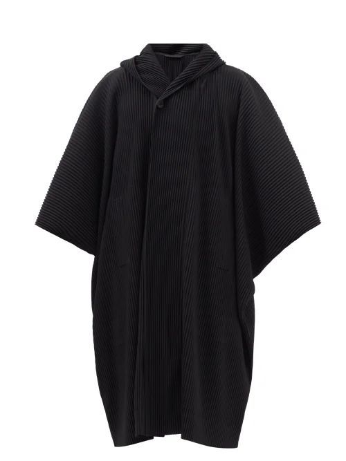 Shawl-collar Technical-pleated Hooded Overcoat - Mens - Black