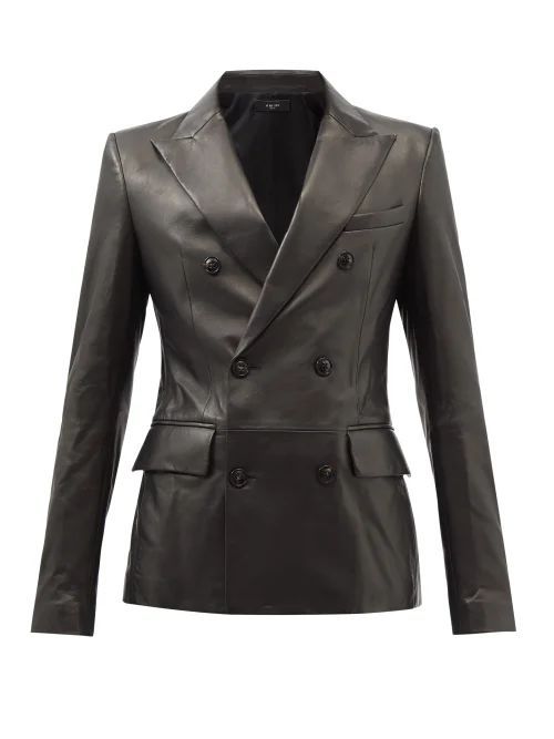 Double-breasted Leather Blazer - Mens - Black