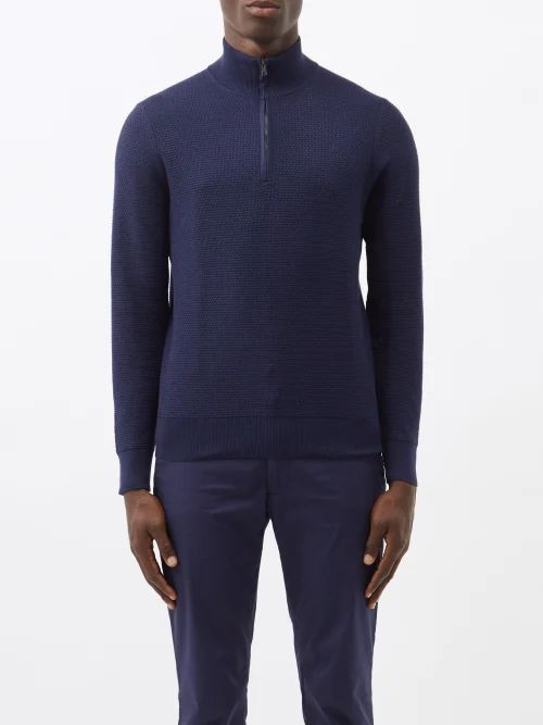Basket-stitched Cotton-blend Sweater - Mens - Navy