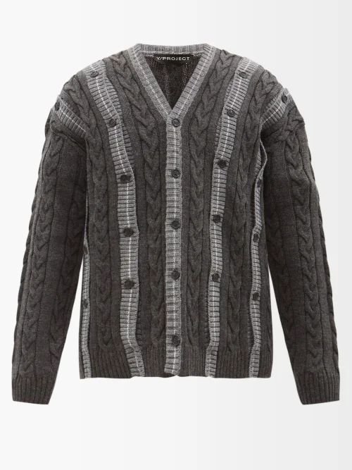 Button-panel Striped Cable-knit Cardigan - Mens - Grey