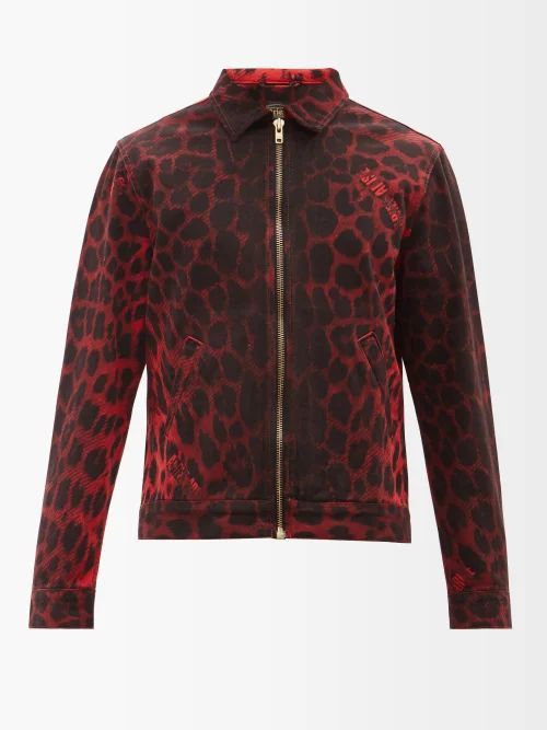 Zipped Leopard-print Denim Jacket - Mens - Red