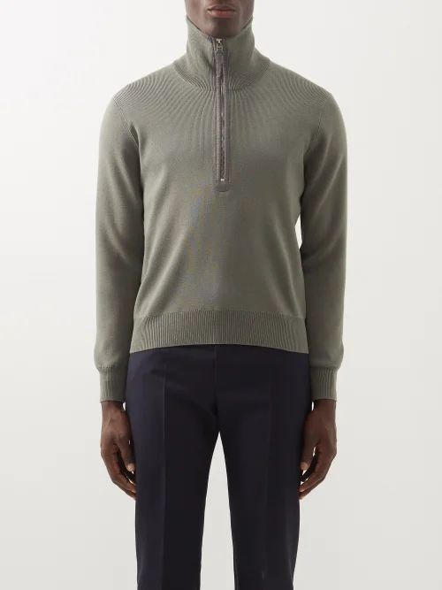 Leather-trim High-neck Wool Sweater - Mens - Grey