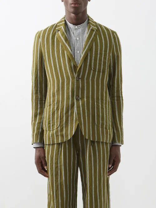 Striped Linen Blazer - Mens - Green Multi