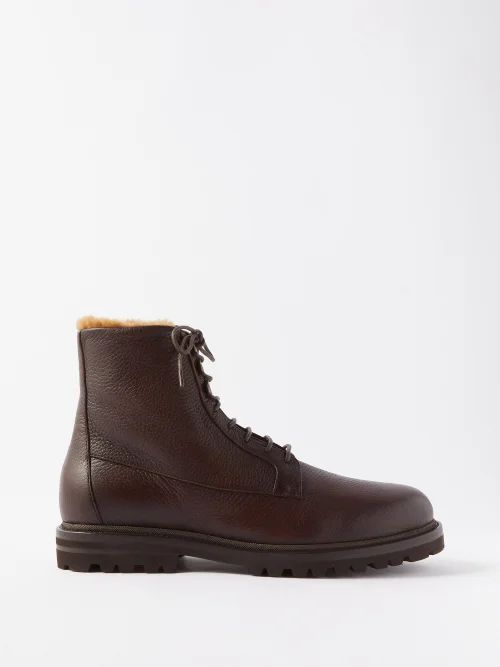 Shearling-lined Grained Leather Boots - Mens - Brown