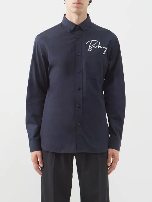 Logo-embroidered Cotton Shirt - Mens - Dark Navy