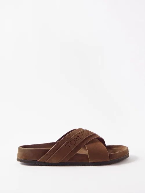 Perforated-logo Suede Sandals - Mens - Brown