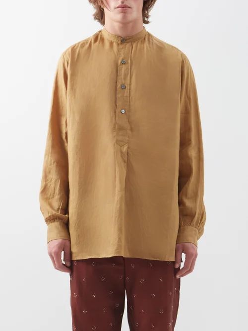 Band-collar Ramie Long-sleeved Shirt - Mens - Brown
