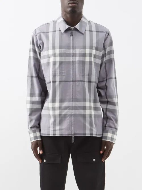 Peckham Zipped Checked Cotton Shirt - Mens - Grey Multi
