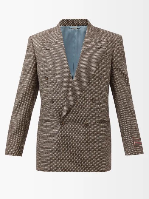 Double-breasted Birdseye-check Wool Suit Jacket - Mens - Beige Multi
