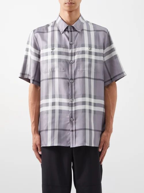 Bethnal Checked Silk Short-sleeved Shirt - Mens - Grey Multi