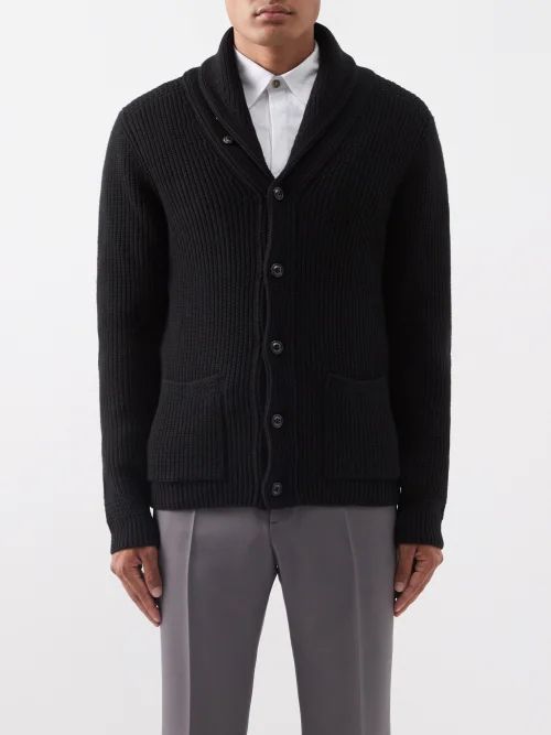 Shawl-collar Ribbed Wool-blend Cardigan - Mens - Black