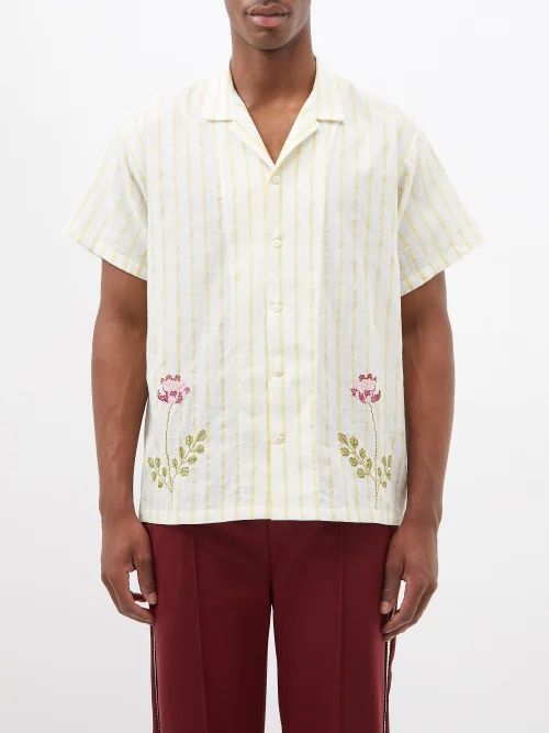 Stripe Cross-stitched Cotton Short-sleeved Shirt - Mens - White Multi